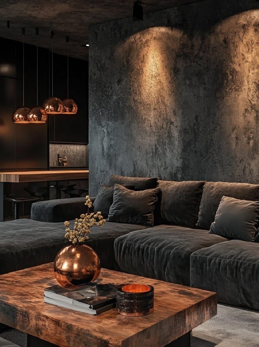 Русский промпт: Современная промышленная гостиная с темной текстурированной бетонной стеной, большой секционный диван с темно -серыми подушками, деревянный журнальный столик с медной вазой и книгой, и небольшая миска сверху. Комната смутно освещена теплым окружающим освещением, создавая уютную атмосферу. Потолок изготовлен из бетона, и на потолке висит несколько медных подвесных огней, добавляя оттенку изысканности в пространство. Общий дизайн является минималистичным и промышленным, с акцентом на текстуры и освещение. | Original prompt: A modern industrial living room with a dark, textured concrete wall, a large sectional sofa with dark grey cushions, a wooden coffee table with a copper vase and a book, and a small bowl on top. The room is dimly lit with warm, ambient lighting, creating a cozy atmosphere. The ceiling is made of concrete, and there are several copper pendant lights hanging from the ceiling, adding a touch of sophistication to the space. The overall design is minimalistic and industrial, with a focus on textures and lighting.