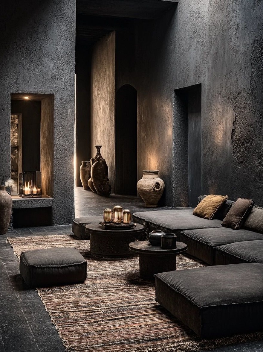 Русский промпт: Темная деревенская гостиная с темными текстурированными стенами, большой секционный диван с подушками, два круглых деревянных стола со свечами на них, тканый коврик на полу, несколько больших ваз темного цвета и камин на заднем плане. Комната смутно освещена теплыми, мерцающими свечами, создавая уютную атмосферу. Освещение мягкое и теплое, набрав теплое сияние на стенах и пола. Общая эстетика минималистичная и сложная. | Original prompt: A dark, rustic living room with dark, textured walls, a large sectional sofa with pillows, two round wooden tables with candles on them, a woven rug on the floor, several large, dark-colored vases, and a fireplace in the background. The room is dimly lit with warm, flickering candles, creating a cozy atmosphere. The lighting is soft and warm, casting a warm glow on the walls and floor. The overall aesthetic is minimalistic and sophisticated.