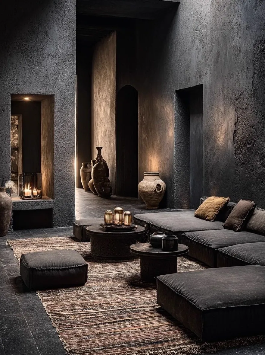 Русский промпт: Темная деревенская гостиная с темными текстурированными стенами, большой секционный диван с подушками, два круглых деревянных стола со свечами на них, тканый коврик на полу, несколько больших ваз темного цвета и камин на заднем плане. Комната смутно освещена теплыми, мерцающими свечами, создавая уютную атмосферу. Освещение мягкое и теплое, набрав теплое сияние на стенах и пола. Общая эстетика минималистичная и сложная. | Original prompt: A dark, rustic living room with dark, textured walls, a large sectional sofa with pillows, two round wooden tables with candles on them, a woven rug on the floor, several large, dark-colored vases, and a fireplace in the background. The room is dimly lit with warm, flickering candles, creating a cozy atmosphere. The lighting is soft and warm, casting a warm glow on the walls and floor. The overall aesthetic is minimalistic and sophisticated.