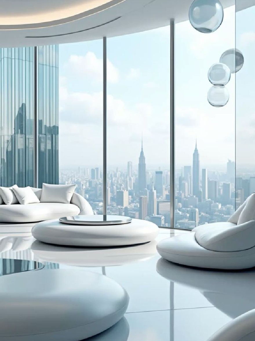 Русский промпт: Современная минималистская гостиная с многоэтажным зданием на заднем плане. Комната имеет изогнутый, изогнутый потолок с утопленным освещением и большие окна, которые предлагают панорамный вид на городской горизонт. Стены изготовлены из стекла, а пол изготовлен из белой круглой мебели. Мебель состоит из двух белых диванов и круглого журнального столика. Освещение мягкое и естественное, создавая успокаивающую атмосферу. Общий дизайн гладкий и современный, с чистыми линиями и минималистской эстетикой. | Original prompt: A modern, minimalist living room with a high-rise building in the background. The room has a curved, curved ceiling with recessed lighting, and large windows that offer a panoramic view of the city skyline. The walls are made of glass, and the floor is made of white, circular furniture. The furniture consists of two white sofas and a round coffee table. The lighting is soft and natural, creating a calming atmosphere. The overall design is sleek and contemporary, with clean lines and a minimalist aesthetic.