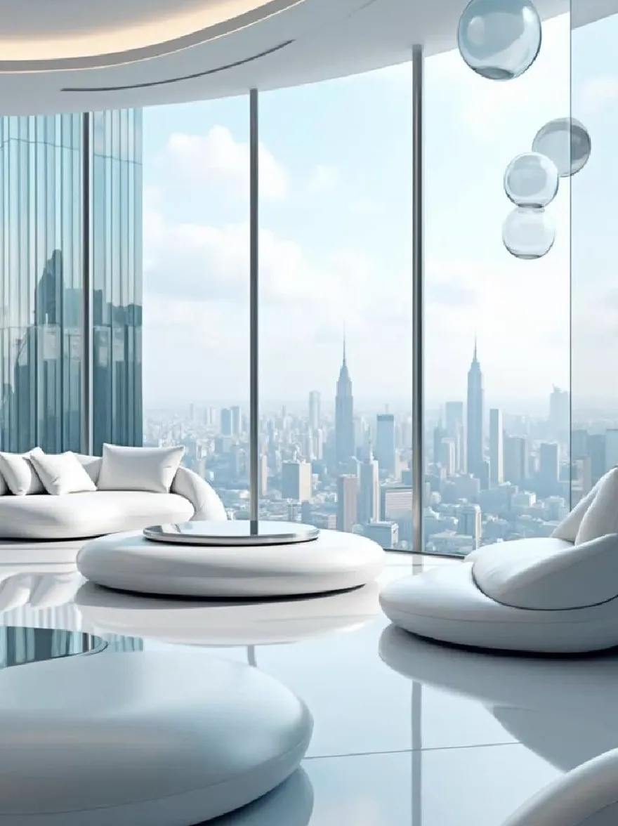 Русский промпт: Современная минималистская гостиная с многоэтажным зданием на заднем плане. Комната имеет изогнутый, изогнутый потолок с утопленным освещением и большие окна, которые предлагают панорамный вид на городской горизонт. Стены изготовлены из стекла, а пол изготовлен из белой круглой мебели. Мебель состоит из двух белых диванов и круглого журнального столика. Освещение мягкое и естественное, создавая успокаивающую атмосферу. Общий дизайн гладкий и современный, с чистыми линиями и минималистской эстетикой. | Original prompt: A modern, minimalist living room with a high-rise building in the background. The room has a curved, curved ceiling with recessed lighting, and large windows that offer a panoramic view of the city skyline. The walls are made of glass, and the floor is made of white, circular furniture. The furniture consists of two white sofas and a round coffee table. The lighting is soft and natural, creating a calming atmosphere. The overall design is sleek and contemporary, with clean lines and a minimalist aesthetic.