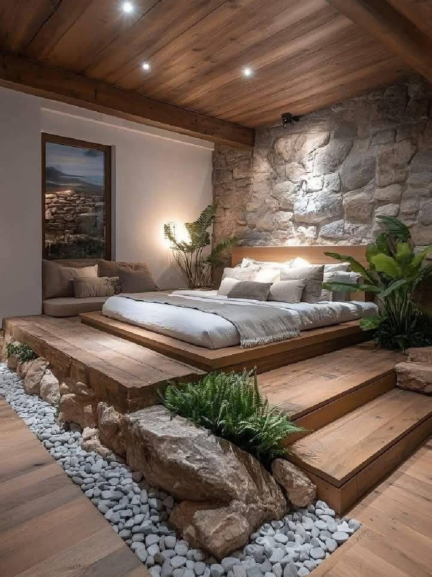 Русский промпт: Современная деревенская спальня с каменной стеной и деревянными полами с большой кроватью с деревянной платформой и ступенями, ведущими к ней, в окружении натурального камня и гальки. Кровать состоит из белого постельного белья и подушек, и с обеих сторон есть несколько горшечных растений. Комната освещена утопленным освещением, создавая теплую и привлекательную атмосферу. Стены сделаны из камня, а на стене висит картина в рамке, добавляя оттенки элегантности в пространство. Общий дизайн минималистичный и современный, с акцентом на природные элементы и текстуры. | Original prompt: A modern rustic bedroom with a stone wall and wooden floors, featuring a large bed with a wooden platform and steps leading up to it, surrounded by a natural stone and pebble garden. The bed is made up with white linens and pillows, and there are several potted plants on either side. The room is illuminated by recessed lighting, creating a warm and inviting atmosphere. The walls are made of stone, and a framed picture hangs on the wall, adding a touch of elegance to the space. The overall design is minimalistic and contemporary, with a focus on natural elements and textures.