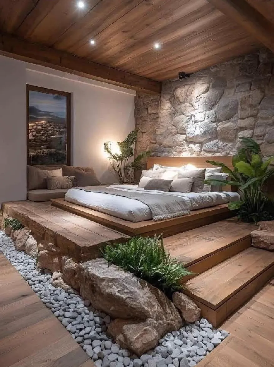 Русский промпт: Современная деревенская спальня с каменной стеной и деревянными полами с большой кроватью с деревянной платформой и ступенями, ведущими к ней, в окружении натурального камня и гальки. Кровать состоит из белого постельного белья и подушек, и с обеих сторон есть несколько горшечных растений. Комната освещена утопленным освещением, создавая теплую и привлекательную атмосферу. Стены сделаны из камня, а на стене висит картина в рамке, добавляя оттенки элегантности в пространство. Общий дизайн минималистичный и современный, с акцентом на природные элементы и текстуры. | Original prompt: A modern rustic bedroom with a stone wall and wooden floors, featuring a large bed with a wooden platform and steps leading up to it, surrounded by a natural stone and pebble garden. The bed is made up with white linens and pillows, and there are several potted plants on either side. The room is illuminated by recessed lighting, creating a warm and inviting atmosphere. The walls are made of stone, and a framed picture hangs on the wall, adding a touch of elegance to the space. The overall design is minimalistic and contemporary, with a focus on natural elements and textures.