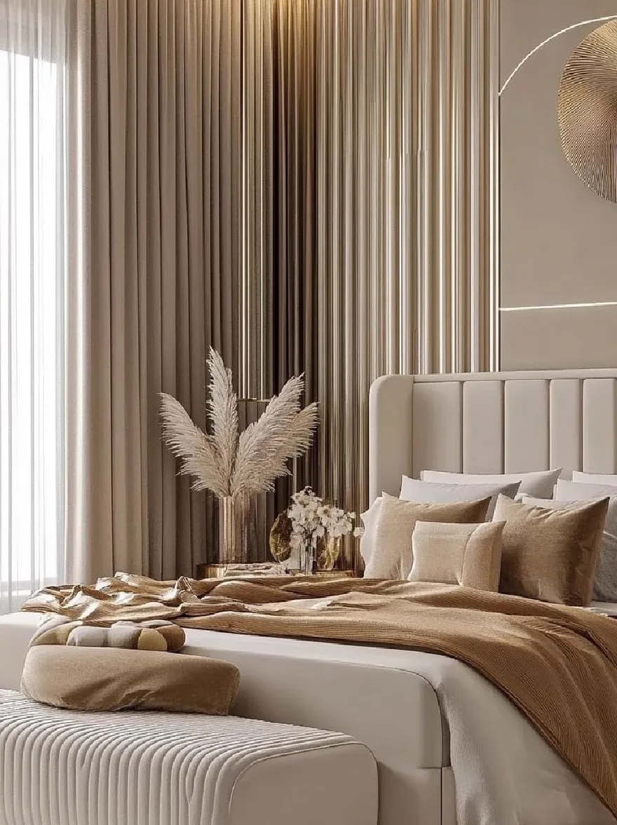 Русский промпт: Роскошная спальня с большой белой кроватью с брюшным изголовью, бежевым постельным бельем и золотым акцентом. Комната имеет современный и сложный дизайн с минималистской эстетикой. Стены окрашены в нейтральный цвет, а пол покрыт роскошным бежевым ковриком. Кровать украшена золотом и белым постельным бельем, включая одеяло и подушки. На правой стороне кровати есть большое зеркало, отражающее дизайн интерьера комнаты. Золотая люстра свисает с потолка, добавляя прикосновение элегантности в комнату. Небольшой стол с вазой из белых цветов находится в центре комнаты, завершая роскошное чувство. Шторы изготовлены из вертикальной, плиссированной ткани, добавляя глубину и текстуру в пространство. Общий эффект - это изысканность и элегантность. | Original prompt: A luxurious bedroom with a large white bed with a tufted headboard, beige linens, and gold accents. The room has a modern and sophisticated design, with a minimalist aesthetic. The walls are painted in a neutral color, and the floor is covered with a luxurious beige rug. The bed is adorned with gold and white bedding, including a blanket and pillows. On the right side of the bed, there is a large mirror reflecting the room's interior design. A gold chandelier hangs from the ceiling, adding a touch of elegance to the room. A small table with a vase of white flowers sits in the center of the room, completing the luxurious feel. The curtains are made of vertical, pleated fabric, adding depth and texture to the space. The overall effect is one of sophistication and elegance.