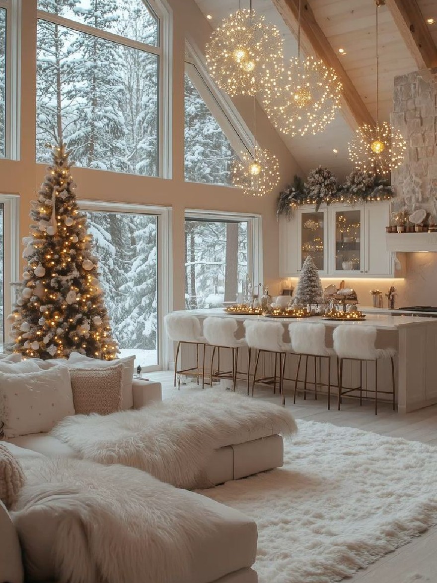 Русский промпт: Роскошная, деревенская рождественская гостиная с большой белой рождественской елкой, украшенной огнями и украшениями, окруженная большими окнами, которые предлагают потрясающий вид на снежный лес снаружи. Комната оснащена белым диваном, пушистым белым ковром и несколькими стульями, создавающими уютную и привлекательную атмосферу. Стены сделаны из камня, а потолок украшен теплыми золотыми лампочками, добавляя в праздничную атмосферу. Рождественская елка стоит высокой в центре комнаты, добавляя прикосновение элегантности и изысканности в пространство. Общий эффект - это тепло и комфорт, идеально подходящий для праздничного сезона. | Original prompt: A luxurious, rustic Christmas living room with a large, white Christmas tree decorated with lights and ornaments, surrounded by large windows that offer a stunning view of the snowy forest outside. The room is furnished with a white sofa, a fluffy white rug, and several chairs, creating a cozy and inviting atmosphere. The walls are made of stone, and the ceiling is adorned with warm, golden light bulbs, adding to the festive ambiance. The Christmas tree stands tall in the center of the room, adding a touch of elegance and sophistication to the space. The overall effect is one of warmth and comfort, perfect for the holiday season.