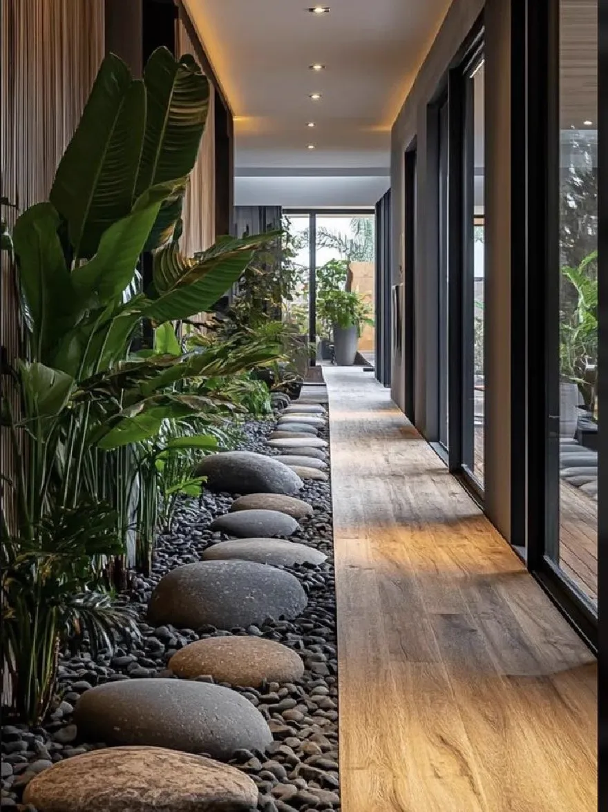 Русский промпт: Длинный коридор с дзен-подобной обстановкой с галькой и растениями вдоль пути. В коридоре есть деревянные полы, стеклянные стены и утопленное освещение, создавая успокаивающую атмосферу. На левой стороне коридора есть высокие, пышные зеленые растения с большими листьями, добавляя прикосновение природы в пространство. Внизу изображения есть кнопка «посетить сайт», указывающая, что пользователь может нажать на нее, чтобы получить доступ к веб -сайту. Общая эстетика современная и минималистичная, с акцентом на естественную красоту и расслабление. | Original prompt: A long hallway with a zen-like setting, featuring pebbles and plants along the path. The hallway has wooden floors, glass walls, and recessed lighting, creating a calming atmosphere. On the left side of the hallway, there are tall, lush green plants with large leaves, adding a touch of nature to the space. At the bottom of the image, there is a "Visit site" button, indicating that the user can click on it to access the website. The overall aesthetic is modern and minimalistic, with a focus on natural beauty and relaxation.