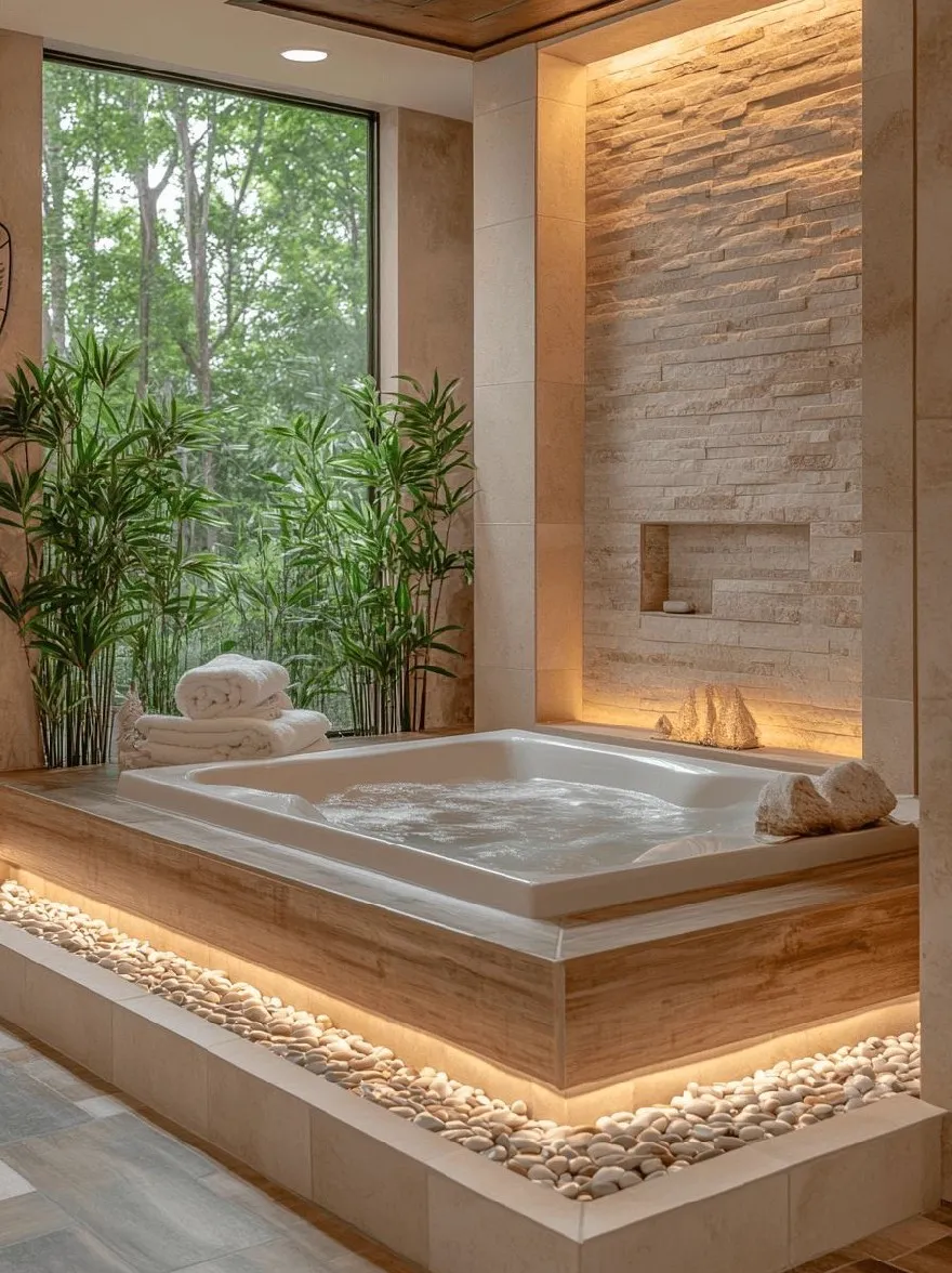 Русский промпт: Современная ванная комната с большой прямоугольной ванной в центре, окруженная галькой и каменной стеной. Ванна освещается теплым окружающим освещением, создавая успокаивающую атмосферу. На левой стороне ванны есть несколько белых полотенец, аккуратно сложенных и размещенных. Стены изготовлены из светлого камня, а пол изготовлен из темного дерева. В комнате есть большое окно с видом на пышную зелень снаружи, позволяя естественному свету фильтровать. Общая эстетика является минималистичной и современной. | Original prompt: A modern bathroom with a large rectangular bathtub in the center, surrounded by pebbles and a stone wall. The bathtub is illuminated by warm, ambient lighting, creating a calming atmosphere. On the left side of the bathtub, there are several white towels neatly folded and placed. The walls are made of light-colored stone, and the floor is made of dark wood. The room has a large window with a view of lush greenery outside, allowing natural light to filter in. The overall aesthetic is minimalistic and contemporary.