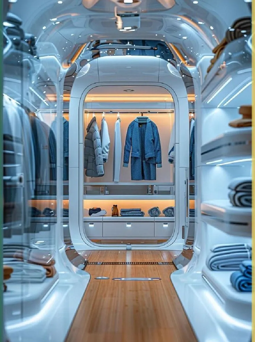 Русский промпт: Это футуристический, футуристический интерьер одежды с гладким, обтекаемым дизайном. В магазине есть минималистская эстетика с чистыми линиями и ярким освещением. Стены изготовлены из стекла и нержавеющей стали, а пол изготовлен из деревянных досок. Внутри магазина на полках и стойках аккуратно расположена одежда, с множеством курток и пальто, висящих на вешалках. Есть также несколько других предметов, в том числе синее пальто и пару обуви. Освещение мягкое и теплое, создавая светящийся эффект. Общая цветовая схема преимущественно синяя и зеленая, с некоторыми оттенками желтого цвета. Изображение имеет высокое разрешение и водяной знак в правом нижнем углу. | Original prompt: This is a futuristic, futuristic clothing store interior with a sleek, streamlined design. The store has a minimalist aesthetic with clean lines and bright lighting. The walls are made of glass and stainless steel, and the floor is made of wooden planks. Inside the store, there are clothes neatly arranged on shelves and racks, with a variety of jackets and coats hanging on hangers. There are also a few other items on display, including a blue coat and a pair of shoes. The lighting is soft and warm, creating a glowing effect. The overall color scheme is predominantly blue and green, with some hints of yellow. The image has a high resolution and a watermark in the bottom right corner.