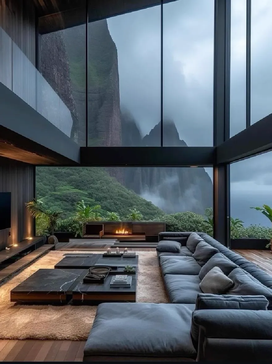 Русский промпт: Современная минималистская гостиная с большим секционным диваном, журнальный столик с различными предметами и камином. Комната освещена естественным светом, проходящим через большие окна, которые предлагают потрясающий вид на пышную зелень и горы на расстоянии. Стены сделаны из темного дерева, а пол покрыт светло-ковром. На левой стороне комнаты на стене установлен телевизор с плоским экраном. Общая атмосфера мирная и безмятежная, с чувством расслабления и спокойствия. | Original prompt: A modern, minimalist living room with a large sectional sofa, a coffee table with various objects on it, and a fireplace. The room is illuminated by natural light coming through large windows that offer a stunning view of the lush greenery and mountains in the distance. The walls are made of dark wood, and the floor is covered with a light-colored carpet. On the left side of the room, there is a flat-screen TV mounted on the wall. The overall atmosphere is peaceful and serene, with a sense of relaxation and tranquility.