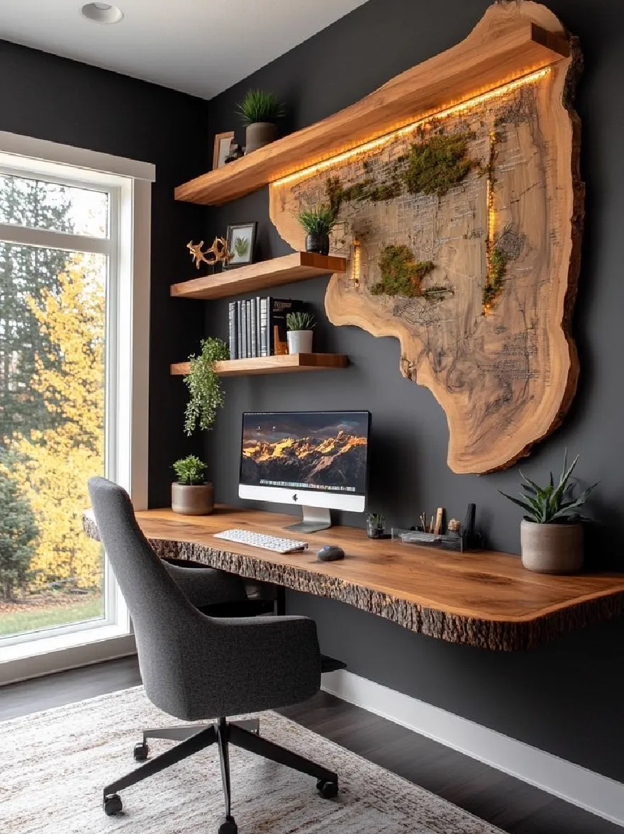 Русский промпт: Современный домашний офис с минималистским дизайном с деревянным столом с компьютером, большой картой Калифорнии, установленной на стене, и плавающие полки с растениями. Стол расположен в центре комнаты, с серым поворотным креслом перед ним. Стены окрашены в темно -серый цвет, а пол покрыт бежевым ковриком. На столе есть монитор, клавиатура, мышь и другие офисные принадлежности. Комната освещена естественным светом, исходящим из большого окна слева, которое предлагает вид на осеннюю листву на улице. Общая эстетика минималистичная и современная. | Original prompt: A modern home office with a minimalist design, featuring a wooden desk with a computer, a large map of California mounted on the wall, and floating shelves with plants. The desk is situated in the center of the room, with a gray swivel chair in front of it. The walls are painted in a dark grey color, and the floor is covered with a beige area rug. On the desk, there is a monitor, keyboard, mouse, and other office supplies. The room is illuminated by natural light coming from a large window on the left, which offers a view of the fall foliage outside. The overall aesthetic is minimalistic and contemporary.
