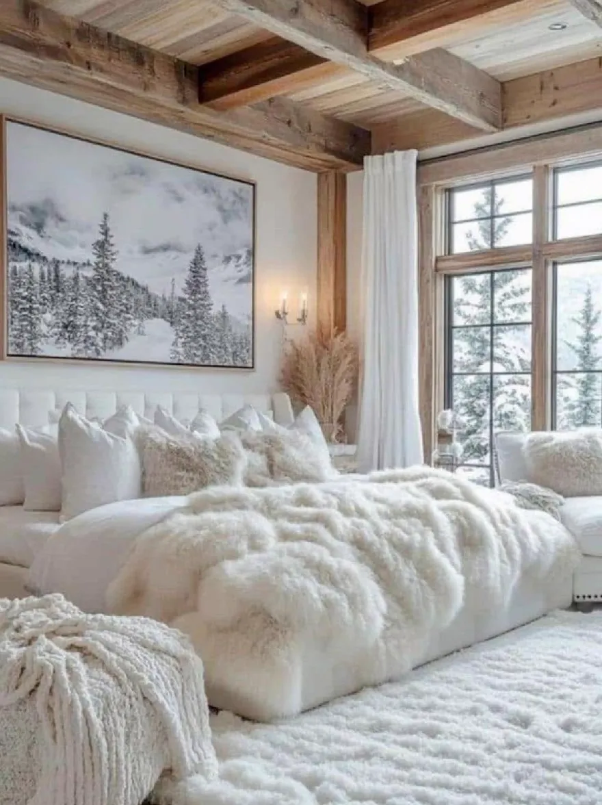 Русский промпт: Уютная, деревенская спальня с большим окном с видом на снежный пейзаж. Стены сделаны из дерева, а потолок изготовлен из балок, что дает комнате теплую и уютную атмосферу. Кровать покрыта пушистым белым постельным бельем и подушками, а под ним есть большой белый коврик. На стене над кровати находится зимняя пейзажная картина в рамке, добавляя в комнату прикосновение тепла и изысканности. Комната украшена естественным светом, проходящим через большое окно, которое предлагает вид на снежный пейзаж снаружи. Общая эстетика уютная и привлекательная, идеально подходит для зимней страны чудес. | Original prompt: A cozy, rustic bedroom with a large window overlooking a snowy landscape. The walls are made of wood, and the ceiling is made of beams, giving the room a warm and cozy atmosphere. The bed is covered with fluffy white linens and pillows, and there is a large white rug beneath it. On the wall above the bed is a framed winter landscape painting, adding a touch of warmth and sophistication to the room. The room is decorated with natural light coming through the large window, which offers a view of the snowy landscape outside. The overall aesthetic is cozy and inviting, perfect for a winter wonderland.