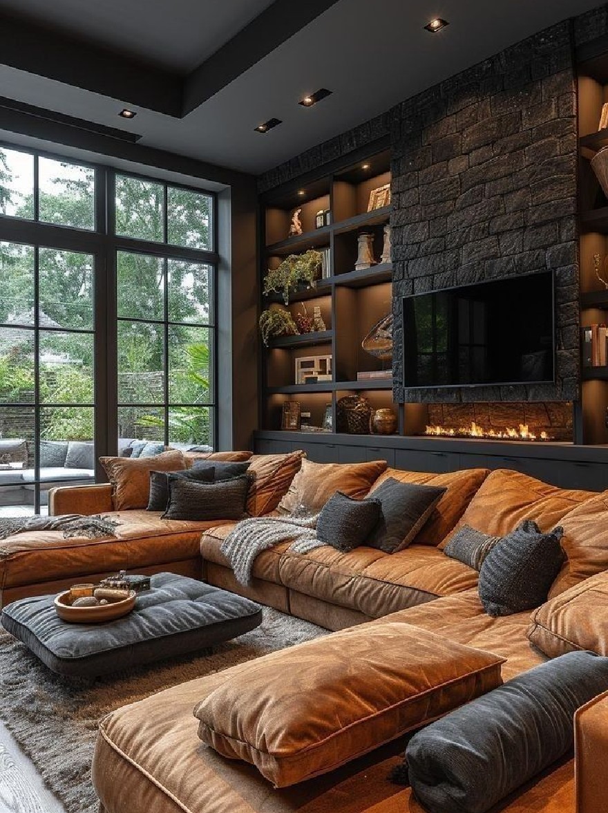 Русский промпт: Современная гостиная с большим секционным диваном, камином и встроенными полками. Диван изготовлен из коричневой кожи и имеет несколько подушек и подушек, аккуратно расположенных на нем. Камин встроен в стену позади дивана, с плоским экраном, установленным над ним. На левой стороне комнаты есть большое окно с видом на зелень снаружи. Комната освещена утопленным освещением, создавая теплую и привлекательную атмосферу. Пол покрыт серого коврика, добавляя оттенки изысканности в пространство. Общий дизайн гладкий и современный, идеально подходит для уютного и привлекательного жизненного пространства. | Original prompt: A modern living room with a large sectional sofa, a fireplace, and built-in shelves. The sofa is made of brown leather and has several pillows and cushions arranged neatly on it. The fireplace is built into the wall behind the sofa, with a flat screen TV mounted above it. On the left side of the room, there is a large window with a view of greenery outside. The room is illuminated by recessed lighting, creating a warm and inviting atmosphere. The floor is covered with a gray area rug, adding a touch of sophistication to the space. The overall design is sleek and contemporary, perfect for a cozy and inviting living space.
