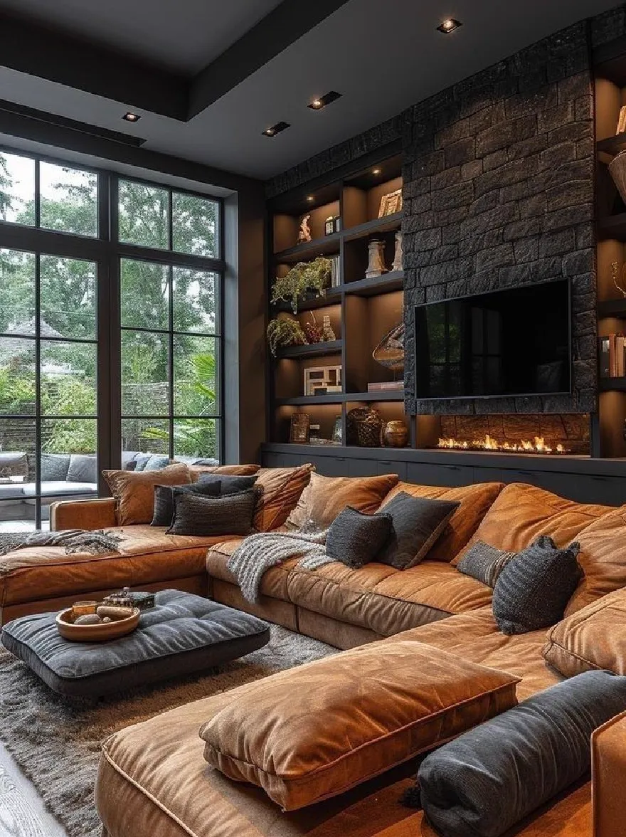 Русский промпт: Современная гостиная с большим секционным диваном, камином и встроенными полками. Диван изготовлен из коричневой кожи и имеет несколько подушек и подушек, аккуратно расположенных на нем. Камин встроен в стену позади дивана, с плоским экраном, установленным над ним. На левой стороне комнаты есть большое окно с видом на зелень снаружи. Комната освещена утопленным освещением, создавая теплую и привлекательную атмосферу. Пол покрыт серого коврика, добавляя оттенки изысканности в пространство. Общий дизайн гладкий и современный, идеально подходит для уютного и привлекательного жизненного пространства. | Original prompt: A modern living room with a large sectional sofa, a fireplace, and built-in shelves. The sofa is made of brown leather and has several pillows and cushions arranged neatly on it. The fireplace is built into the wall behind the sofa, with a flat screen TV mounted above it. On the left side of the room, there is a large window with a view of greenery outside. The room is illuminated by recessed lighting, creating a warm and inviting atmosphere. The floor is covered with a gray area rug, adding a touch of sophistication to the space. The overall design is sleek and contemporary, perfect for a cozy and inviting living space.