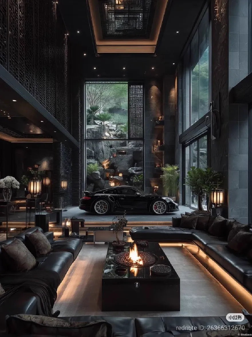 Русский промпт: Роскошная гостиная с современным минималистским дизайном. Комната оснащена черными кожаными диванами, огненной ямой в центре и большим окном с видом на безмятежный, скалистый сад. Стены изготовлены из темного камня, а потолок украшен утопленным освещением. Автомобиль припаркован на заднем плане, добавляя оттенки изысканности в пространство. Общая атмосфера темная и сложная, с чувством роскоши и спокойствия. | Original prompt: A luxurious living room with a modern, minimalist design. The room is furnished with black leather sofas, a fire pit in the center, and a large window overlooking a serene, rocky garden. The walls are made of dark stone, and the ceiling is adorned with recessed lighting. The car is parked in the background, adding a touch of sophistication to the space. The overall atmosphere is dark and sophisticated, with a sense of luxury and tranquility.