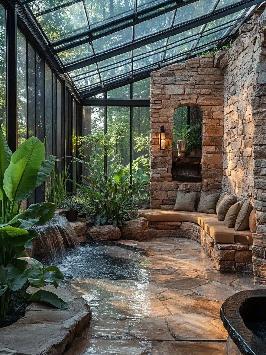 Русский промпт: Пышный, тропический внутренний сад со стеклянной крышей и каменными стенами с небольшим водопадом, каскадным вниз по центру комнаты, окруженной пышной зеленью и каменной скамейкой. Комната освещена естественным светом, проходящим через стеклянную крышу, создавая спокойную атмосферу. Стены изготовлены из сложенного камня, а пол изготовлен из каменных асфальтоукладчиков. По всему пространству разбросаны несколько горшечных растений, добавляя прикосновение зелени в пространство. Общий эффект - одно из безмятежности и спокойствия, идеально подходящего для расслабления и развлечения. | Original prompt: A lush, tropical indoor garden with a glass roof and stone walls, featuring a small waterfall cascading down the center of the room, surrounded by lush greenery and a stone bench seating area. The room is illuminated by natural light coming through the glass roof, creating a tranquil atmosphere. The walls are made of stacked stone, and the floor is made of stone pavers. There are several potted plants scattered throughout the space, adding a touch of greenery to the space. The overall effect is one of serenity and tranquility, perfect for relaxing and entertaining.
