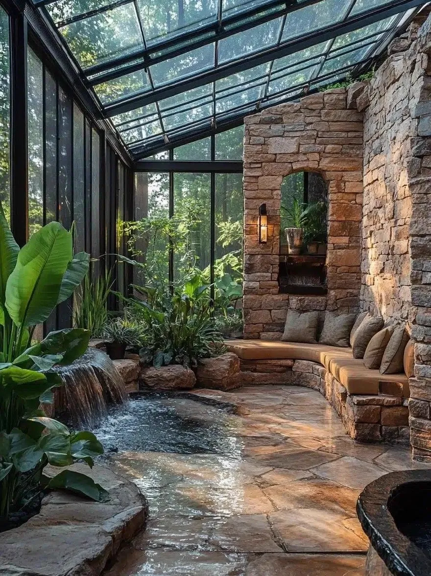 Русский промпт: Пышный, тропический внутренний сад со стеклянной крышей и каменными стенами с небольшим водопадом, каскадным вниз по центру комнаты, окруженной пышной зеленью и каменной скамейкой. Комната освещена естественным светом, проходящим через стеклянную крышу, создавая спокойную атмосферу. Стены изготовлены из сложенного камня, а пол изготовлен из каменных асфальтоукладчиков. По всему пространству разбросаны несколько горшечных растений, добавляя прикосновение зелени в пространство. Общий эффект - одно из безмятежности и спокойствия, идеально подходящего для расслабления и развлечения. | Original prompt: A lush, tropical indoor garden with a glass roof and stone walls, featuring a small waterfall cascading down the center of the room, surrounded by lush greenery and a stone bench seating area. The room is illuminated by natural light coming through the glass roof, creating a tranquil atmosphere. The walls are made of stacked stone, and the floor is made of stone pavers. There are several potted plants scattered throughout the space, adding a touch of greenery to the space. The overall effect is one of serenity and tranquility, perfect for relaxing and entertaining.