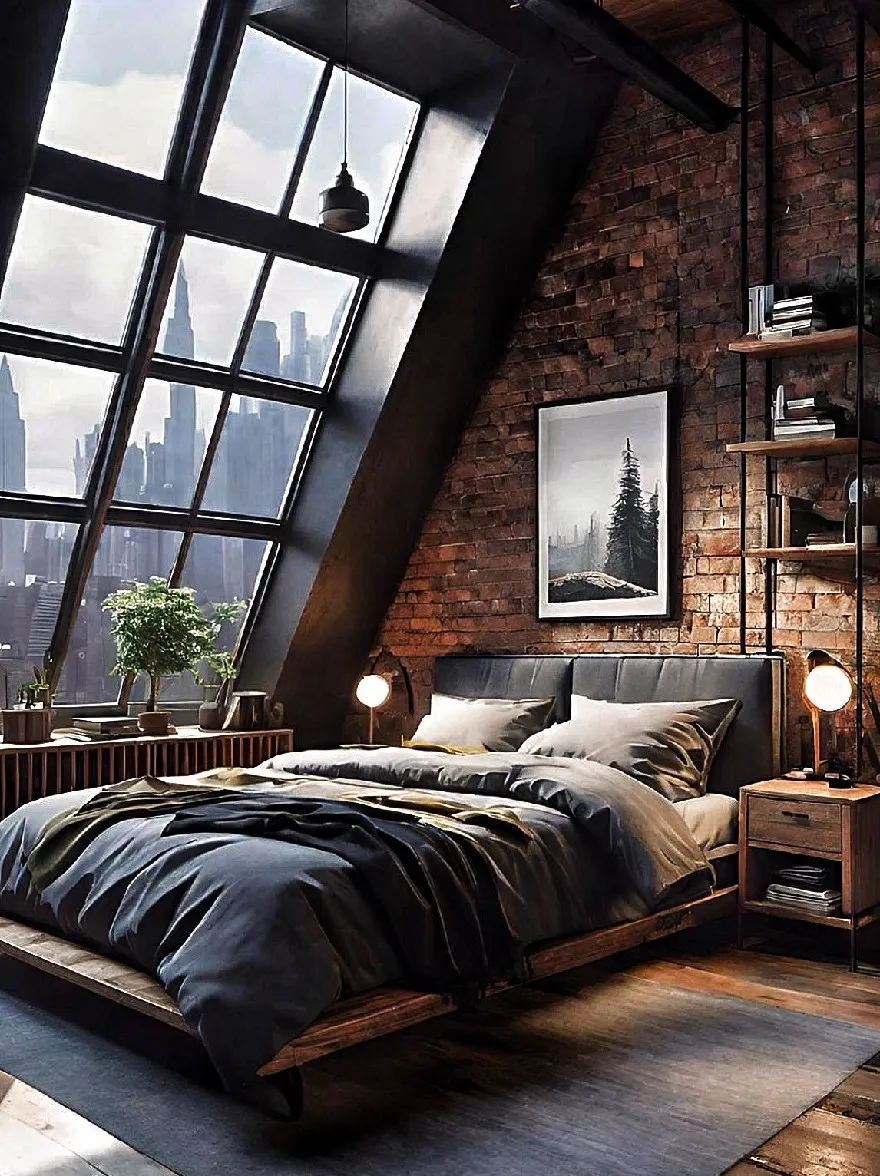 Русский промпт: Современная промышленная спальня с большим окном с видом на городской горизонт. В комнате есть деревенское промышленное ощущение с открытыми кирпичными стенами и деревянными балками. Кровать состоит из черного и серого одеяла и подушек, а два боковых стола с лампами обеспечивают теплое сияние. На стенах есть фотография городского пейзажа. Пол покрыт серой ковриком. Общая атмосфера уютная и привлекательная. | Original prompt: A modern industrial bedroom with a large window overlooking a city skyline. The room has a rustic, industrial feel with exposed brick walls and wooden beams. The bed is made up with a black and grey comforter and pillows, and two side tables with lamps provide a warm glow. On the walls, there is a framed photograph of a cityscape. The floor is covered with a gray area rug. The overall atmosphere is cozy and inviting.