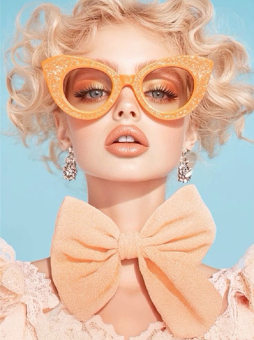 Русский промпт: Photo of a young woman with wavy blonde hair, wearing bright orange sunglasses and a large peach bow tie around her neck. She has fair skin, blue eyes, and is wearing a light pink lace dress with a large bow. The background is a solid blue color. The lighting is bright and even, highlighting her features. The image has a high-quality, professional look with a focus on fashion and glamour. The woman is positioned in the center of the frame, looking directly at the camera. | Original prompt: Photo of a young woman with wavy blonde hair, wearing bright orange sunglasses and a large peach bow tie around her neck. She has fair skin, blue eyes, and is wearing a light pink lace dress with a large bow. The background is a solid blue color. The lighting is bright and even, highlighting her features. The image has a high-quality, professional look with a focus on fashion and glamour. The woman is positioned in the center of the frame, looking directly at the camera.