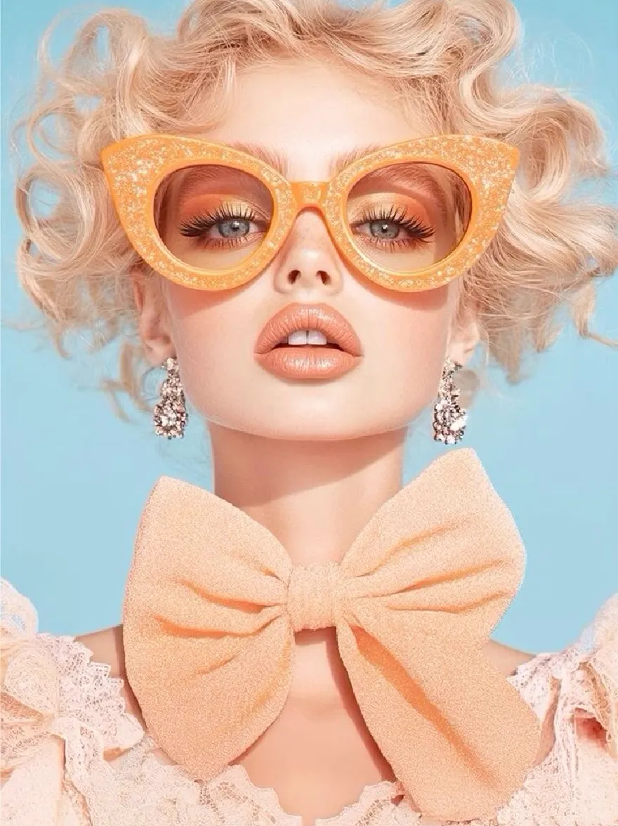 Русский промпт: Photo of a young woman with wavy blonde hair, wearing bright orange sunglasses and a large peach bow tie around her neck. She has fair skin, blue eyes, and is wearing a light pink lace dress with a large bow. The background is a solid blue color. The lighting is bright and even, highlighting her features. The image has a high-quality, professional look with a focus on fashion and glamour. The woman is positioned in the center of the frame, looking directly at the camera. | Original prompt: Photo of a young woman with wavy blonde hair, wearing bright orange sunglasses and a large peach bow tie around her neck. She has fair skin, blue eyes, and is wearing a light pink lace dress with a large bow. The background is a solid blue color. The lighting is bright and even, highlighting her features. The image has a high-quality, professional look with a focus on fashion and glamour. The woman is positioned in the center of the frame, looking directly at the camera.