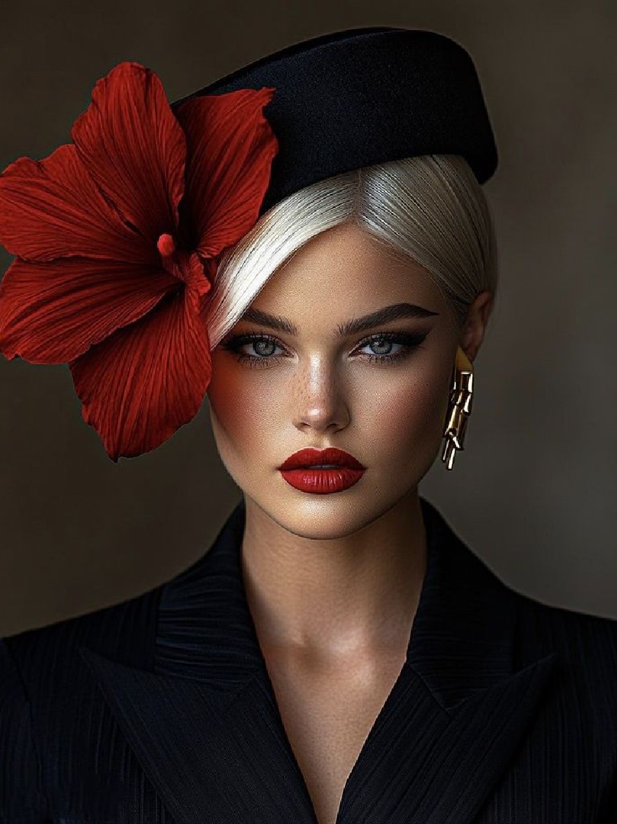 Русский промпт: Photo of a woman with platinum blonde hair styled in a short bob cut, wearing a black beret with a large red flower pinned to it, a black suit jacket, and gold earrings. She has striking blue eyes, dark lipstick, and a neutral expression. The background is blurred, with a dark, muted color palette. The lighting is dramatic, highlighting her features and the texture of her hair. The image has a vintage, sophisticated feel with a focus on fashion and beauty. | Original prompt: Photo of a woman with platinum blonde hair styled in a short bob cut, wearing a black beret with a large red flower pinned to it, a black suit jacket, and gold earrings. She has striking blue eyes, dark lipstick, and a neutral expression. The background is blurred, with a dark, muted color palette. The lighting is dramatic, highlighting her features and the texture of her hair. The image has a vintage, sophisticated feel with a focus on fashion and beauty.