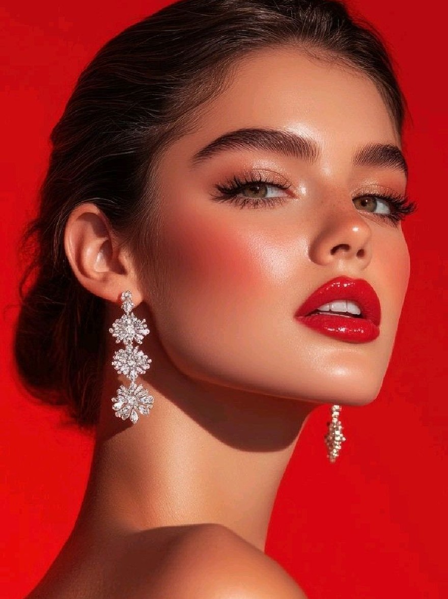 Русский промпт: Photo of a beautiful woman with fair skin, dark hair styled in an elegant updo, wearing large, dangling diamond earrings. She has a sophisticated, glamorous look with red lipstick and dramatic eye makeup. The background is a solid red, providing a striking contrast to her striking features. The lighting is dramatic, highlighting her features and creating a captivating effect. The image has a high-quality, professional look with a focus on the woman's beauty and elegance. | Original prompt: Photo of a beautiful woman with fair skin, dark hair styled in an elegant updo, wearing large, dangling diamond earrings. She has a sophisticated, glamorous look with red lipstick and dramatic eye makeup. The background is a solid red, providing a striking contrast to her striking features. The lighting is dramatic, highlighting her features and creating a captivating effect. The image has a high-quality, professional look with a focus on the woman's beauty and elegance.