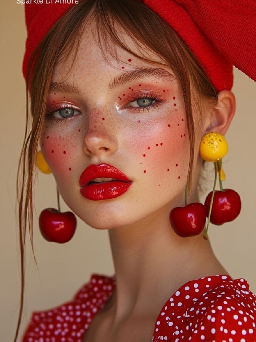 Русский промпт: Photo of a young woman with fair skin and freckles, wearing a red beret and a red polka dot dress. She has blue eyes and is adorned with red lipstick. On either side of her face, there are two red cherries with yellow centers. The background is a plain beige color. The lighting is soft and natural, highlighting her features. The image has a watermark in the top left corner that reads "Sparkle Di Amore". | Original prompt: Photo of a young woman with fair skin and freckles, wearing a red beret and a red polka dot dress. She has blue eyes and is adorned with red lipstick. On either side of her face, there are two red cherries with yellow centers. The background is a plain beige color. The lighting is soft and natural, highlighting her features. The image has a watermark in the top left corner that reads "Sparkle Di Amore".
