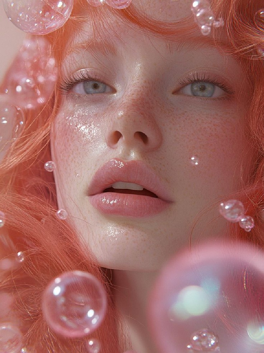 Русский промпт: A close-up photograph of a young woman with pale skin and long, wavy, vibrant red hair, surrounded by soap bubbles. She has a serene expression, with her eyes looking directly at the viewer. Her lips are slightly parted, revealing a hint of pink lipstick. The background is blurred, with a soft, pastel color palette. The lighting is soft and ethereal, creating a dreamy, ethereal atmosphere. The woman's skin has a delicate, freckled texture, adding to the surreal feel of the image. The bubbles are of various sizes and shapes, with some larger and more spherical than others. The overall effect is one of beauty and serenity. | Original prompt: A close-up photograph of a young woman with pale skin and long, wavy, vibrant red hair, surrounded by soap bubbles. She has a serene expression, with her eyes looking directly at the viewer. Her lips are slightly parted, revealing a hint of pink lipstick. The background is blurred, with a soft, pastel color palette. The lighting is soft and ethereal, creating a dreamy, ethereal atmosphere. The woman's skin has a delicate, freckled texture, adding to the surreal feel of the image. The bubbles are of various sizes and shapes, with some larger and more spherical than others. The overall effect is one of beauty and serenity.