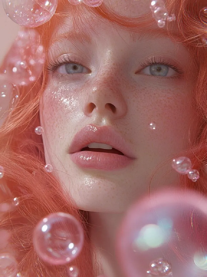 Русский промпт: A close-up photograph of a young woman with pale skin and long, wavy, vibrant red hair, surrounded by soap bubbles. She has a serene expression, with her eyes looking directly at the viewer. Her lips are slightly parted, revealing a hint of pink lipstick. The background is blurred, with a soft, pastel color palette. The lighting is soft and ethereal, creating a dreamy, ethereal atmosphere. The woman's skin has a delicate, freckled texture, adding to the surreal feel of the image. The bubbles are of various sizes and shapes, with some larger and more spherical than others. The overall effect is one of beauty and serenity. | Original prompt: A close-up photograph of a young woman with pale skin and long, wavy, vibrant red hair, surrounded by soap bubbles. She has a serene expression, with her eyes looking directly at the viewer. Her lips are slightly parted, revealing a hint of pink lipstick. The background is blurred, with a soft, pastel color palette. The lighting is soft and ethereal, creating a dreamy, ethereal atmosphere. The woman's skin has a delicate, freckled texture, adding to the surreal feel of the image. The bubbles are of various sizes and shapes, with some larger and more spherical than others. The overall effect is one of beauty and serenity.