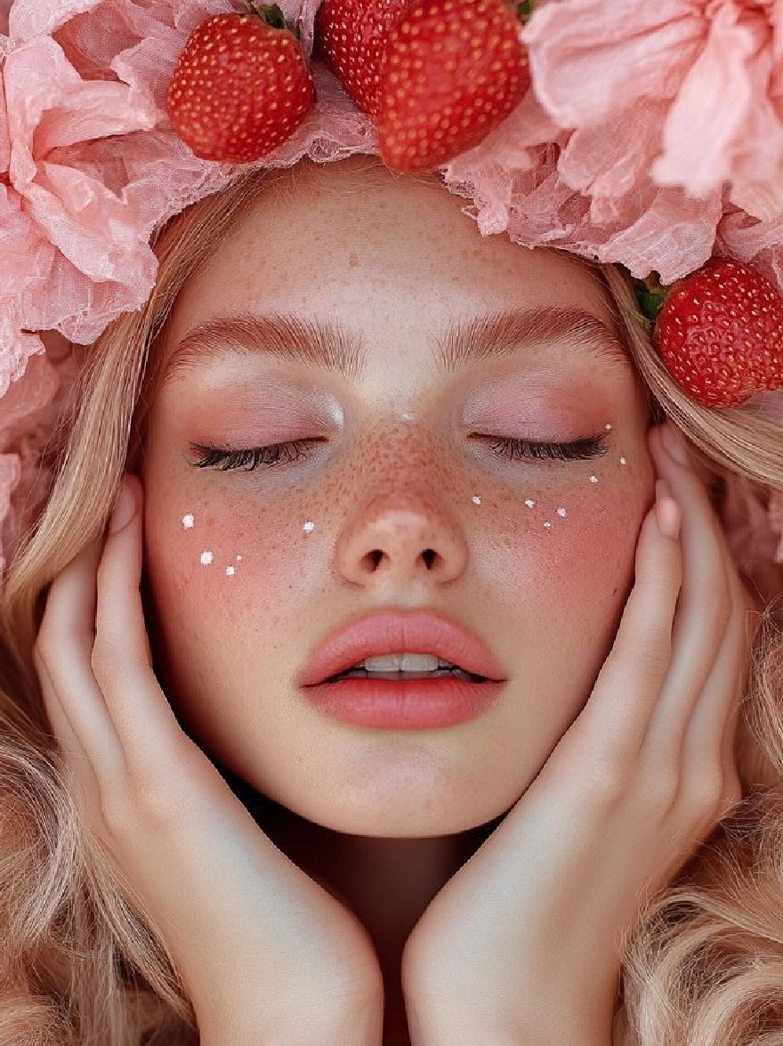 Русский промпт: Photo of a young woman with fair skin and blonde hair, wearing a pink flower crown adorned with strawberries, resting her head on her hands. She has a serene expression with her eyes closed and a slight smile. Her lips are slightly parted, revealing a hint of pink lipstick. Her cheeks are covered in freckles, and she has a small nose piercing. The background is soft and blurred, with a focus on the woman's face and the strawberries on her head. The overall aesthetic is dreamy and ethereal. | Original prompt: Photo of a young woman with fair skin and blonde hair, wearing a pink flower crown adorned with strawberries, resting her head on her hands. She has a serene expression with her eyes closed and a slight smile. Her lips are slightly parted, revealing a hint of pink lipstick. Her cheeks are covered in freckles, and she has a small nose piercing. The background is soft and blurred, with a focus on the woman's face and the strawberries on her head. The overall aesthetic is dreamy and ethereal.
