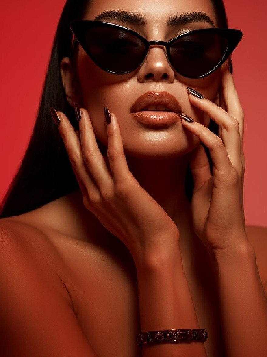 Русский промпт: Photo of a beautiful woman with dark skin and long black hair, wearing black sunglasses and a black strapless top. She has a serious expression with her hands clasped together in front of her face. Her nails are painted with dark red nail polish. The background is a solid red color. The lighting is dramatic, highlighting her face and hands. The image has a minimalistic, artistic style with a focus on beauty and sophistication. The woman is positioned in the center of the frame, facing the camera. | Original prompt: Photo of a beautiful woman with dark skin and long black hair, wearing black sunglasses and a black strapless top. She has a serious expression with her hands clasped together in front of her face. Her nails are painted with dark red nail polish. The background is a solid red color. The lighting is dramatic, highlighting her face and hands. The image has a minimalistic, artistic style with a focus on beauty and sophistication. The woman is positioned in the center of the frame, facing the camera.