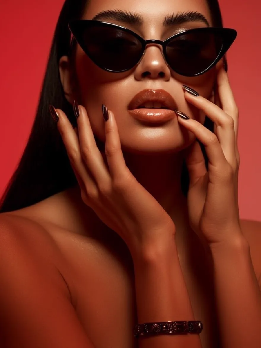 Русский промпт: Photo of a beautiful woman with dark skin and long black hair, wearing black sunglasses and a black strapless top. She has a serious expression with her hands clasped together in front of her face. Her nails are painted with dark red nail polish. The background is a solid red color. The lighting is dramatic, highlighting her face and hands. The image has a minimalistic, artistic style with a focus on beauty and sophistication. The woman is positioned in the center of the frame, facing the camera. | Original prompt: Photo of a beautiful woman with dark skin and long black hair, wearing black sunglasses and a black strapless top. She has a serious expression with her hands clasped together in front of her face. Her nails are painted with dark red nail polish. The background is a solid red color. The lighting is dramatic, highlighting her face and hands. The image has a minimalistic, artistic style with a focus on beauty and sophistication. The woman is positioned in the center of the frame, facing the camera.