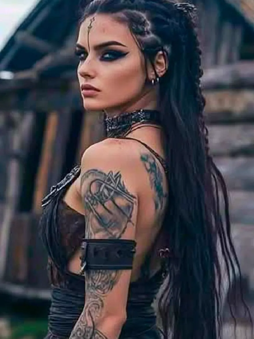 Русский промпт: Женщина с длинными темными волосами, приготовленными в косу, в черном кофе и черном кожаном наряде. У нее серьезное выражение и стоит перед деревенским деревянным домом. Ее рука украшена сложными татуировками. Освещение мягкое и естественное, подчеркивая ее темную кожу и замысловатые узоры на ее руках. Фон размыта, подчеркивая женщину и ее татуировки. | Original prompt: A woman with long, dark hair styled in a braid, wearing a black choker and a black leather outfit. She has a serious expression and is standing in front of a rustic wooden house. Her arm is adorned with intricate tattoos. The lighting is soft and natural, highlighting her dark skin and the intricate designs on her arms. The background is blurred, emphasizing the woman and her tattoos.