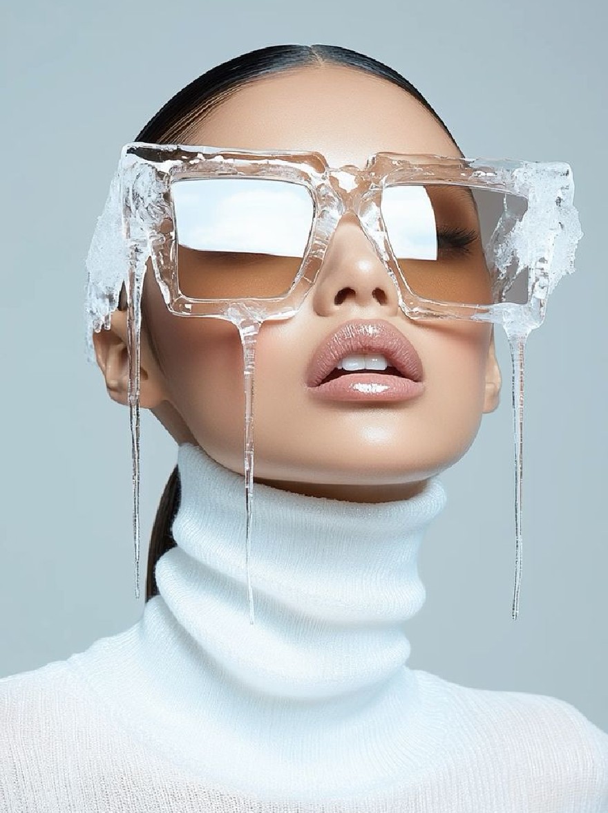 Русский промпт: Photo of a young woman with fair skin, wearing a white turtleneck sweater, and a pair of transparent, ice-like glasses that are dripping down her face and onto her chin. She has long, straight black hair and is looking directly at the camera with a neutral expression. The background is a simple, light grey color. The lighting is soft and even, highlighting her delicate features. The overall aesthetic is futuristic and minimalistic. | Original prompt: Photo of a young woman with fair skin, wearing a white turtleneck sweater, and a pair of transparent, ice-like glasses that are dripping down her face and onto her chin. She has long, straight black hair and is looking directly at the camera with a neutral expression. The background is a simple, light grey color. The lighting is soft and even, highlighting her delicate features. The overall aesthetic is futuristic and minimalistic.