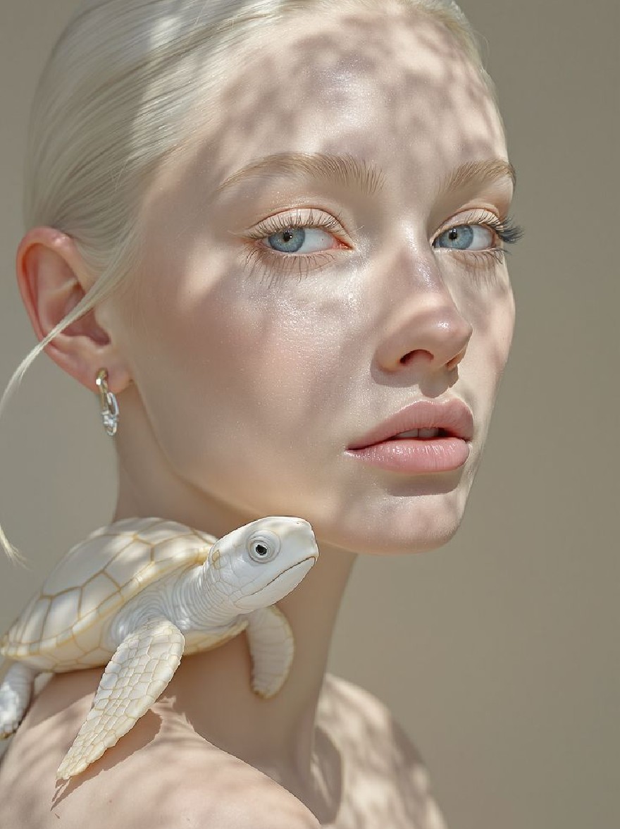 Русский промпт: Photo of a young woman with pale skin and platinum blonde hair, wearing a pair of diamond earrings, holding a small white turtle on her shoulder. She has a serene expression, with her eyes looking directly at the camera. Her skin is smooth and shiny, with a subtle sheen. The turtle is small and has a smooth shell. The lighting is soft and natural, casting gentle shadows on her face and neck. The background is blurred, allowing the focus to remain on the woman and the turtle. The overall mood is peaceful and contemplative. | Original prompt: Photo of a young woman with pale skin and platinum blonde hair, wearing a pair of diamond earrings, holding a small white turtle on her shoulder. She has a serene expression, with her eyes looking directly at the camera. Her skin is smooth and shiny, with a subtle sheen. The turtle is small and has a smooth shell. The lighting is soft and natural, casting gentle shadows on her face and neck. The background is blurred, allowing the focus to remain on the woman and the turtle. The overall mood is peaceful and contemplative.