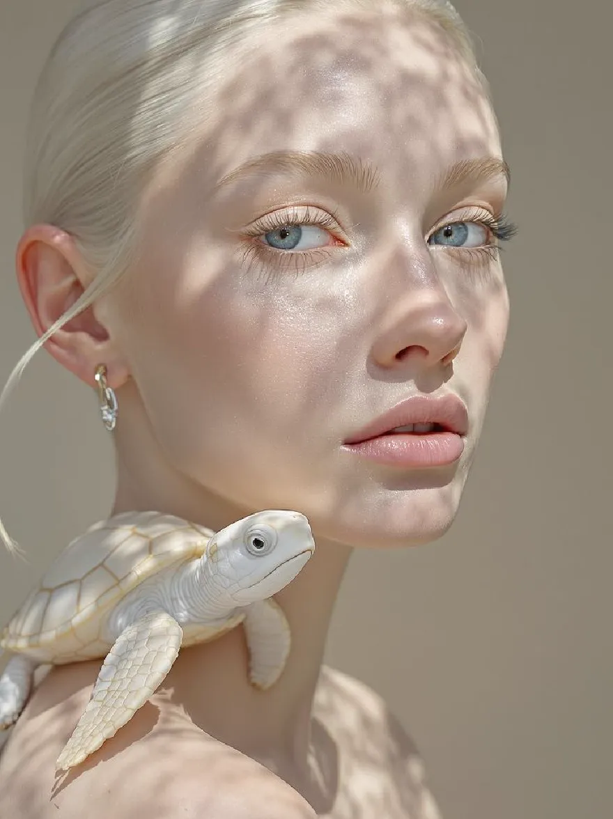 Русский промпт: Photo of a young woman with pale skin and platinum blonde hair, wearing a pair of diamond earrings, holding a small white turtle on her shoulder. She has a serene expression, with her eyes looking directly at the camera. Her skin is smooth and shiny, with a subtle sheen. The turtle is small and has a smooth shell. The lighting is soft and natural, casting gentle shadows on her face and neck. The background is blurred, allowing the focus to remain on the woman and the turtle. The overall mood is peaceful and contemplative. | Original prompt: Photo of a young woman with pale skin and platinum blonde hair, wearing a pair of diamond earrings, holding a small white turtle on her shoulder. She has a serene expression, with her eyes looking directly at the camera. Her skin is smooth and shiny, with a subtle sheen. The turtle is small and has a smooth shell. The lighting is soft and natural, casting gentle shadows on her face and neck. The background is blurred, allowing the focus to remain on the woman and the turtle. The overall mood is peaceful and contemplative.