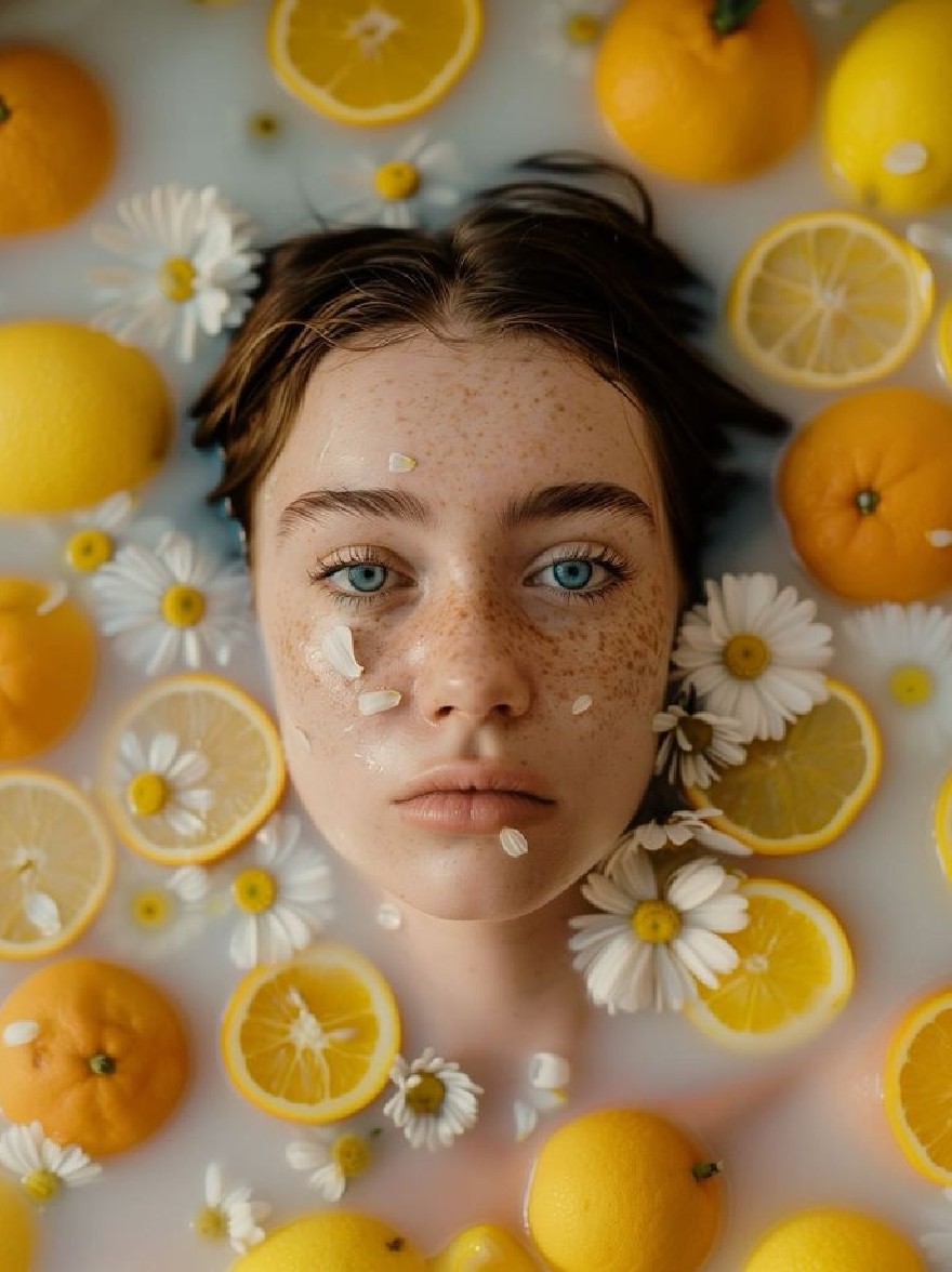 Русский промпт: Photo of a young woman with freckles and blue eyes, lying in a bathtub filled with lemon slices and daisies. She has brown hair and is looking directly at the camera with a neutral expression. The background is a bright, white bathtub. The lighting is soft and natural, creating a serene atmosphere. The woman is surrounded by the citrus fruits, including oranges, lemons, and limes. The overall mood is peaceful and calming. | Original prompt: Photo of a young woman with freckles and blue eyes, lying in a bathtub filled with lemon slices and daisies. She has brown hair and is looking directly at the camera with a neutral expression. The background is a bright, white bathtub. The lighting is soft and natural, creating a serene atmosphere. The woman is surrounded by the citrus fruits, including oranges, lemons, and limes. The overall mood is peaceful and calming.