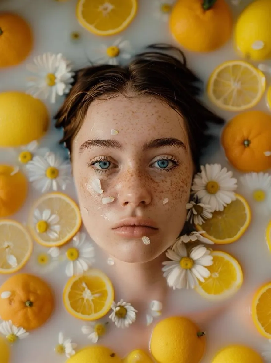 Русский промпт: Photo of a young woman with freckles and blue eyes, lying in a bathtub filled with lemon slices and daisies. She has brown hair and is looking directly at the camera with a neutral expression. The background is a bright, white bathtub. The lighting is soft and natural, creating a serene atmosphere. The woman is surrounded by the citrus fruits, including oranges, lemons, and limes. The overall mood is peaceful and calming. | Original prompt: Photo of a young woman with freckles and blue eyes, lying in a bathtub filled with lemon slices and daisies. She has brown hair and is looking directly at the camera with a neutral expression. The background is a bright, white bathtub. The lighting is soft and natural, creating a serene atmosphere. The woman is surrounded by the citrus fruits, including oranges, lemons, and limes. The overall mood is peaceful and calming.