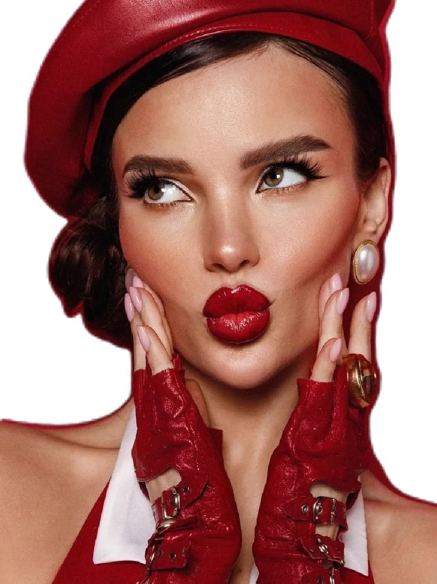 Русский промпт: Photo of a woman with fair skin, dark hair styled in an elegant updo, wearing a red beret, red gloves, and a pearl earring. She has a bold, dramatic makeup look with dark eyeliner and red lipstick. Her hands are clasped together in front of her face, and she has a neutral expression. The background is a plain white, and the lighting is bright and even. The image has a high-quality, professional feel with a focus on the woman's beauty and sophistication. | Original prompt: Photo of a woman with fair skin, dark hair styled in an elegant updo, wearing a red beret, red gloves, and a pearl earring. She has a bold, dramatic makeup look with dark eyeliner and red lipstick. Her hands are clasped together in front of her face, and she has a neutral expression. The background is a plain white, and the lighting is bright and even. The image has a high-quality, professional feel with a focus on the woman's beauty and sophistication.