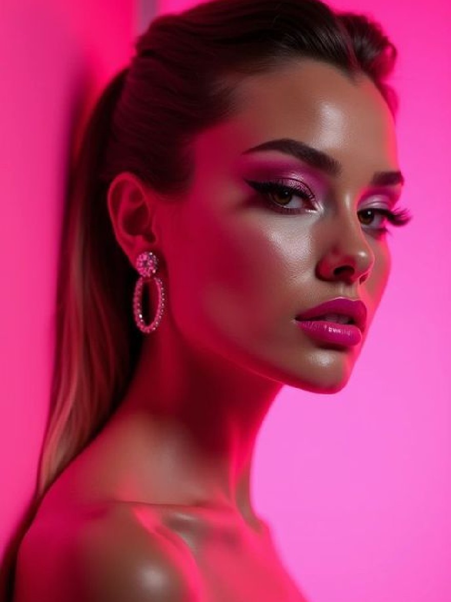 Русский промпт: Photo of a beautiful woman with dark skin and long, straight hair, wearing large, dangling earrings. She has a serious expression, with her eyes looking directly at the camera. The background is a solid pink color, and the lighting is dramatic, highlighting her features. The image has a high-quality, professional look with a focus on her beauty. | Original prompt: Photo of a beautiful woman with dark skin and long, straight hair, wearing large, dangling earrings. She has a serious expression, with her eyes looking directly at the camera. The background is a solid pink color, and the lighting is dramatic, highlighting her features. The image has a high-quality, professional look with a focus on her beauty.