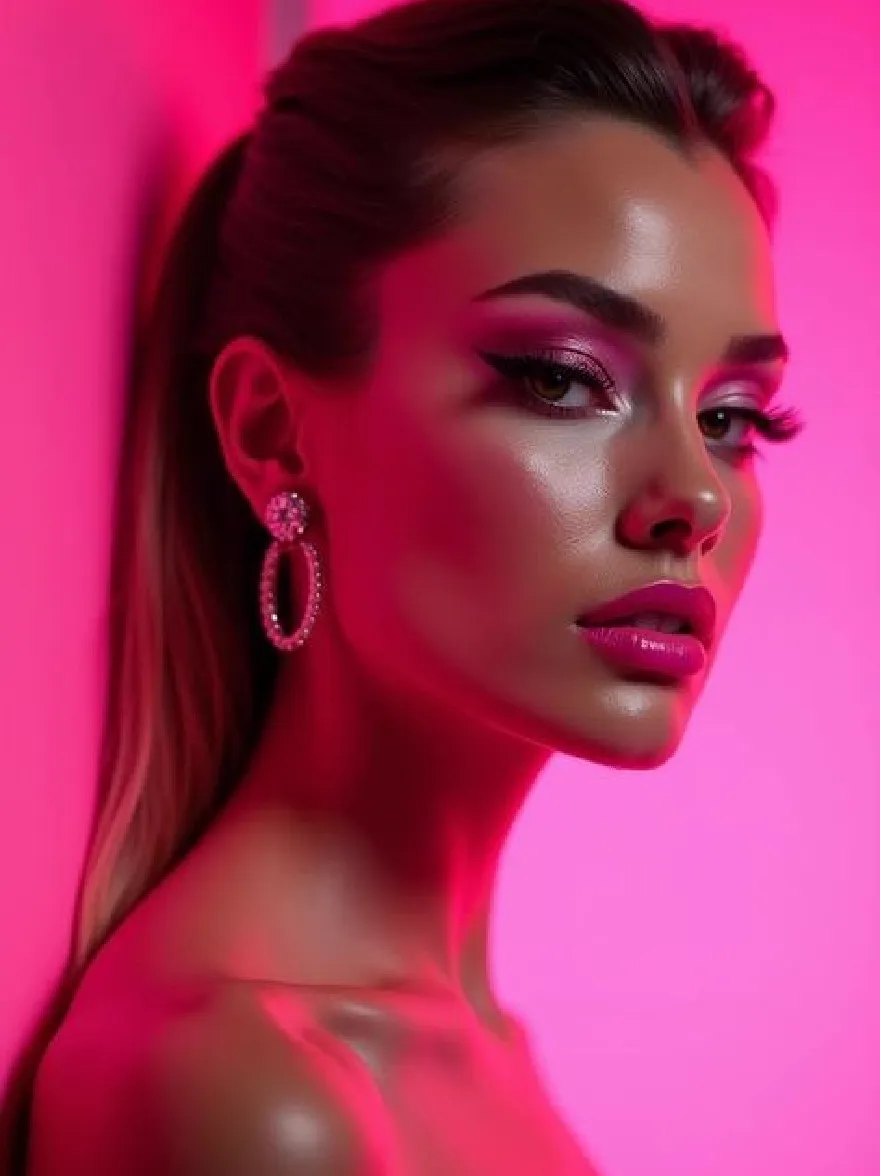 Русский промпт: Photo of a beautiful woman with dark skin and long, straight hair, wearing large, dangling earrings. She has a serious expression, with her eyes looking directly at the camera. The background is a solid pink color, and the lighting is dramatic, highlighting her features. The image has a high-quality, professional look with a focus on her beauty. | Original prompt: Photo of a beautiful woman with dark skin and long, straight hair, wearing large, dangling earrings. She has a serious expression, with her eyes looking directly at the camera. The background is a solid pink color, and the lighting is dramatic, highlighting her features. The image has a high-quality, professional look with a focus on her beauty.