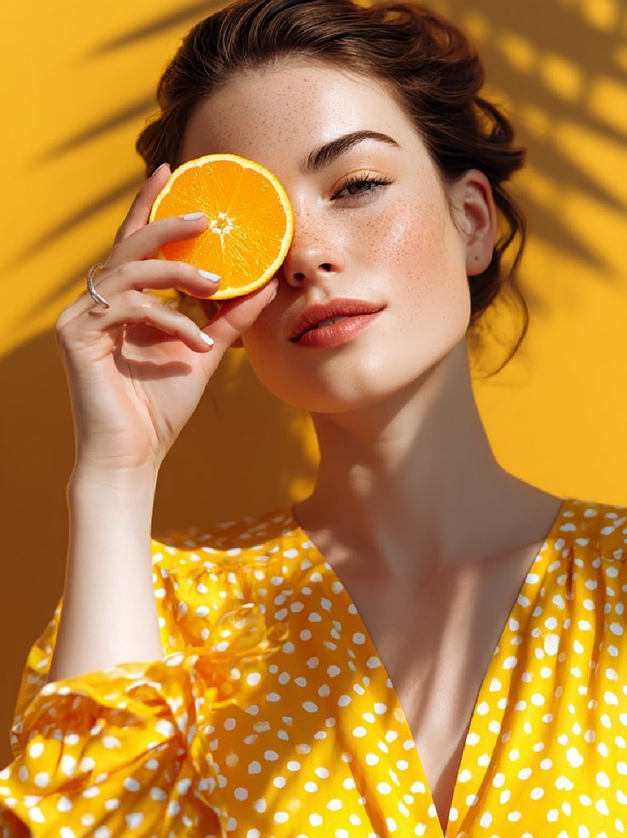 Русский промпт: Photo of a young woman with fair skin and dark brown hair styled in loose curls, wearing a bright yellow dress with white polka dots. She is holding an orange slice in front of her face, looking directly at the camera with a neutral expression. The background is a solid yellow color with a shadow of a palm tree on the right side. The lighting is bright and natural, highlighting her delicate features. The image has a high-quality, professional feel. | Original prompt: Photo of a young woman with fair skin and dark brown hair styled in loose curls, wearing a bright yellow dress with white polka dots. She is holding an orange slice in front of her face, looking directly at the camera with a neutral expression. The background is a solid yellow color with a shadow of a palm tree on the right side. The lighting is bright and natural, highlighting her delicate features. The image has a high-quality, professional feel.