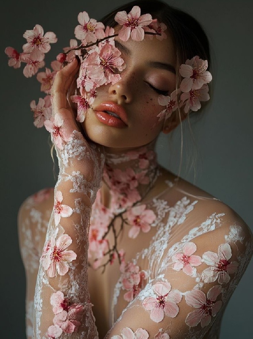 Русский промпт: Photo of a young woman with fair skin, wearing a sheer, white lace dress adorned with pink flowers. She has long, dark hair styled in loose waves and is adorned with a delicate, pink flower crown. Her eyes are closed, and she has a serene expression. The background is a soft, muted grey. The lighting is soft and natural, highlighting her delicate features and the delicate floral patterns on her dress. The overall aesthetic is dreamy and ethereal. | Original prompt: Photo of a young woman with fair skin, wearing a sheer, white lace dress adorned with pink flowers. She has long, dark hair styled in loose waves and is adorned with a delicate, pink flower crown. Her eyes are closed, and she has a serene expression. The background is a soft, muted grey. The lighting is soft and natural, highlighting her delicate features and the delicate floral patterns on her dress. The overall aesthetic is dreamy and ethereal.