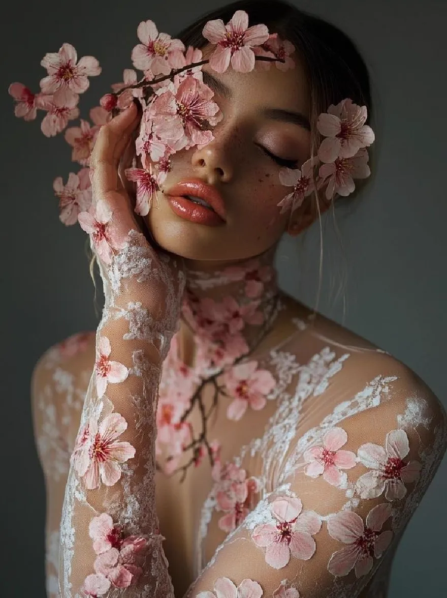 Русский промпт: Photo of a young woman with fair skin, wearing a sheer, white lace dress adorned with pink flowers. She has long, dark hair styled in loose waves and is adorned with a delicate, pink flower crown. Her eyes are closed, and she has a serene expression. The background is a soft, muted grey. The lighting is soft and natural, highlighting her delicate features and the delicate floral patterns on her dress. The overall aesthetic is dreamy and ethereal. | Original prompt: Photo of a young woman with fair skin, wearing a sheer, white lace dress adorned with pink flowers. She has long, dark hair styled in loose waves and is adorned with a delicate, pink flower crown. Her eyes are closed, and she has a serene expression. The background is a soft, muted grey. The lighting is soft and natural, highlighting her delicate features and the delicate floral patterns on her dress. The overall aesthetic is dreamy and ethereal.
