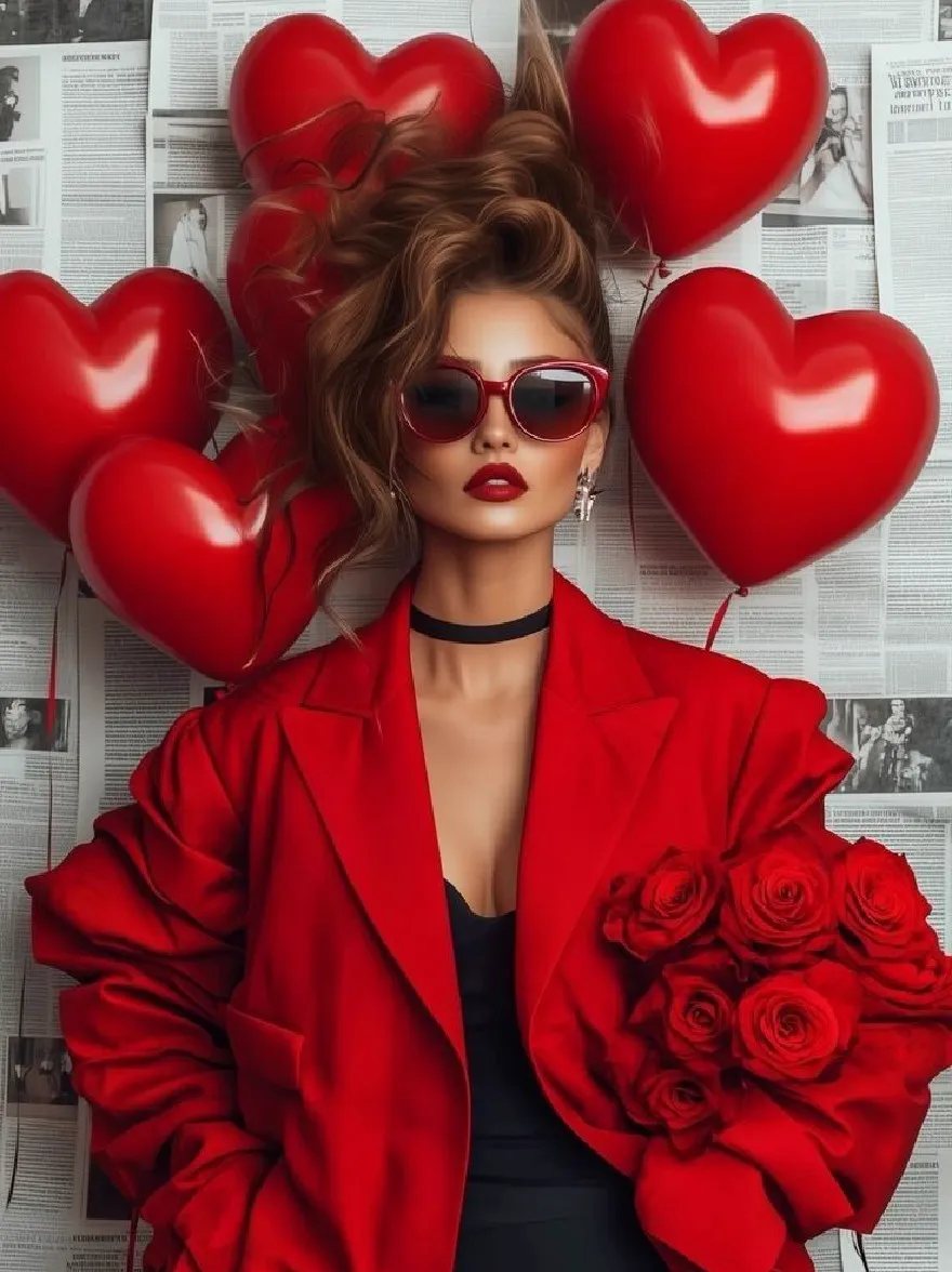 Русский промпт: Photo of a woman with long, wavy brown hair styled in an elegant updo, wearing red heart-shaped balloons and a red coat, holding a bouquet of red roses, standing in front of a newspaper background. She has a serious expression and is wearing red sunglasses. The woman is wearing a black choker and a black dress underneath the red coat. The image has a high-quality, artistic style with a focus on the woman's face and the texture of the newspaper. | Original prompt: Photo of a woman with long, wavy brown hair styled in an elegant updo, wearing red heart-shaped balloons and a red coat, holding a bouquet of red roses, standing in front of a newspaper background. She has a serious expression and is wearing red sunglasses. The woman is wearing a black choker and a black dress underneath the red coat. The image has a high-quality, artistic style with a focus on the woman's face and the texture of the newspaper.