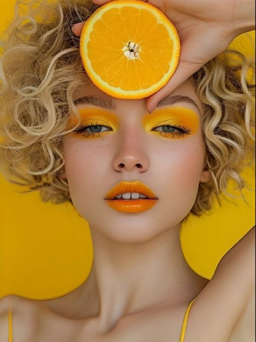 Русский промпт: Photo of a young woman with short, curly blonde hair, holding an orange slice over her head, wearing bright yellow eyeshadow and orange lipstick. She has a neutral expression and is wearing a yellow dress. The background is a solid, bright yellow color. The lighting is soft and natural, highlighting her features. The image has a high-quality, professional feel. The woman is positioned in the center of the frame, with the background slightly out of focus. | Original prompt: Photo of a young woman with short, curly blonde hair, holding an orange slice over her head, wearing bright yellow eyeshadow and orange lipstick. She has a neutral expression and is wearing a yellow dress. The background is a solid, bright yellow color. The lighting is soft and natural, highlighting her features. The image has a high-quality, professional feel. The woman is positioned in the center of the frame, with the background slightly out of focus.
