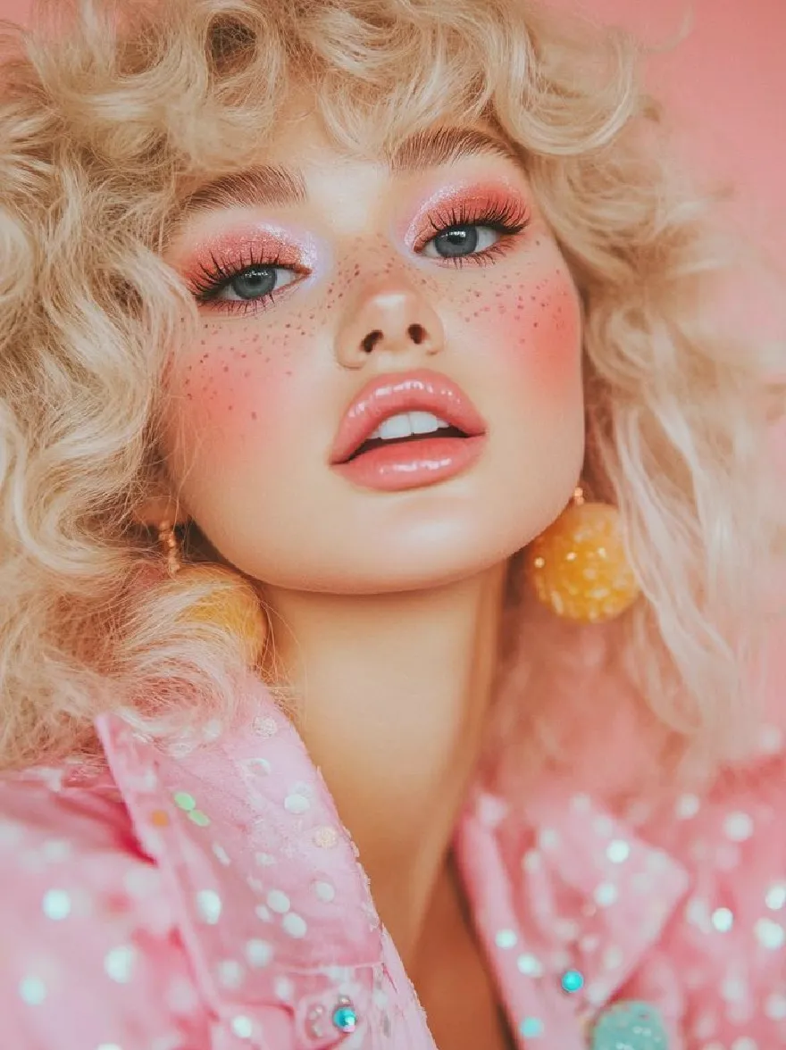 Русский промпт: Photo of a young woman with blonde curly hair, wearing a pink sequin jacket with colorful buttons, large yellow earrings, and pink lipstick. She has a fair complexion with freckles on her cheeks and blue eyeshadow. Her lips are slightly parted, and she has a confident expression. The background is a soft pink gradient, and the lighting is soft and warm, creating a dreamy, ethereal atmosphere. The image has a vintage, retro feel with a focus on glamour and sophistication. | Original prompt: Photo of a young woman with blonde curly hair, wearing a pink sequin jacket with colorful buttons, large yellow earrings, and pink lipstick. She has a fair complexion with freckles on her cheeks and blue eyeshadow. Her lips are slightly parted, and she has a confident expression. The background is a soft pink gradient, and the lighting is soft and warm, creating a dreamy, ethereal atmosphere. The image has a vintage, retro feel with a focus on glamour and sophistication.