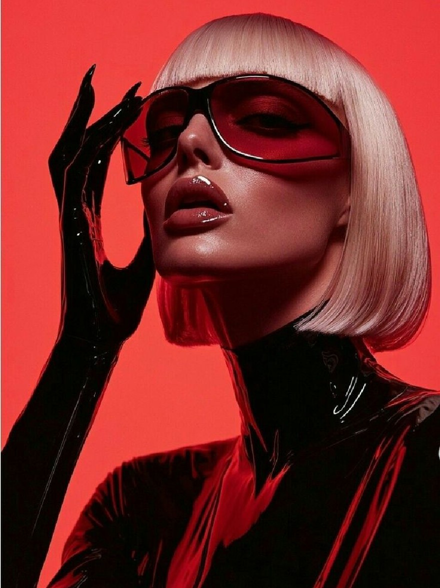Русский промпт: Photo of a woman with a short, straight, platinum blonde bob haircut, wearing black sunglasses and a shiny, black latex outfit. She has a serious expression and is holding one of her glasses up to her face. The background is a solid red color, and the lighting is dramatic, highlighting her features and creating a striking contrast. The overall aesthetic is sleek and edgy, with a focus on fashion and sophistication. | Original prompt: Photo of a woman with a short, straight, platinum blonde bob haircut, wearing black sunglasses and a shiny, black latex outfit. She has a serious expression and is holding one of her glasses up to her face. The background is a solid red color, and the lighting is dramatic, highlighting her features and creating a striking contrast. The overall aesthetic is sleek and edgy, with a focus on fashion and sophistication.