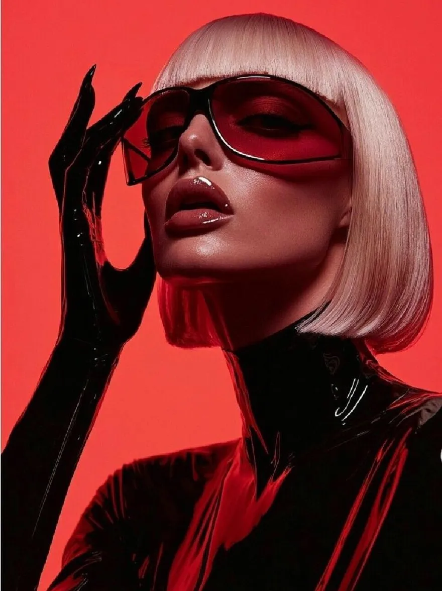 Русский промпт: Photo of a woman with a short, straight, platinum blonde bob haircut, wearing black sunglasses and a shiny, black latex outfit. She has a serious expression and is holding one of her glasses up to her face. The background is a solid red color, and the lighting is dramatic, highlighting her features and creating a striking contrast. The overall aesthetic is sleek and edgy, with a focus on fashion and sophistication. | Original prompt: Photo of a woman with a short, straight, platinum blonde bob haircut, wearing black sunglasses and a shiny, black latex outfit. She has a serious expression and is holding one of her glasses up to her face. The background is a solid red color, and the lighting is dramatic, highlighting her features and creating a striking contrast. The overall aesthetic is sleek and edgy, with a focus on fashion and sophistication.