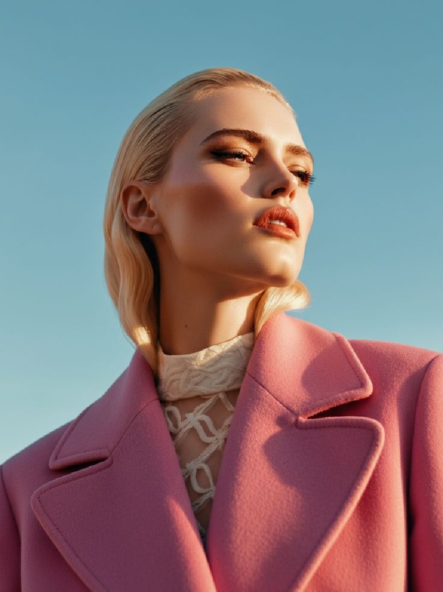 Русский промпт: Photo of a young woman with pale skin and blonde hair, wearing a pink coat over a white lace top. She has a serious expression, with her eyes looking directly at the camera. The background is a clear blue sky with a few wispy clouds. The lighting is soft and natural, casting a warm glow on her skin. The image has a high-quality, professional feel with a focus on the woman's elegant and sophisticated look. | Original prompt: Photo of a young woman with pale skin and blonde hair, wearing a pink coat over a white lace top. She has a serious expression, with her eyes looking directly at the camera. The background is a clear blue sky with a few wispy clouds. The lighting is soft and natural, casting a warm glow on her skin. The image has a high-quality, professional feel with a focus on the woman's elegant and sophisticated look.
