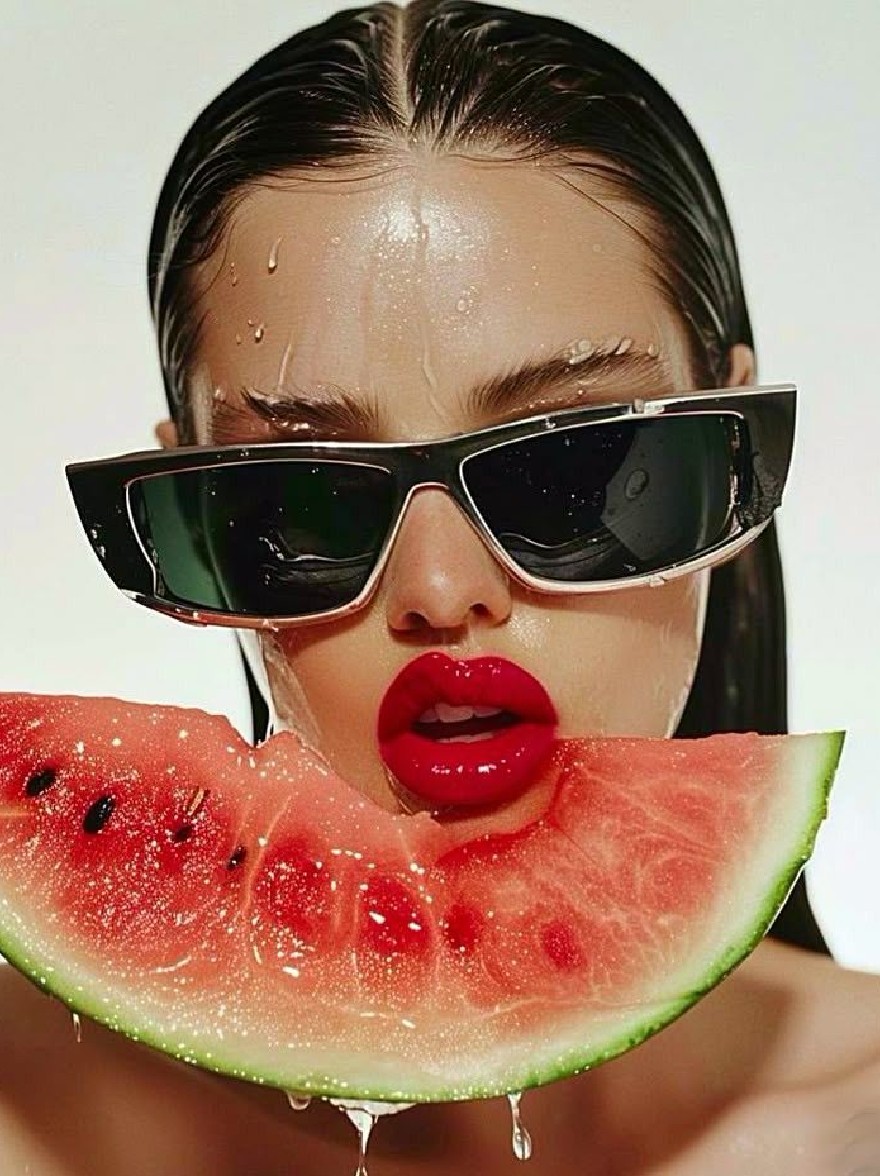 Русский промпт: Photograph of a woman with dark hair and red lipstick, wearing oversized black sunglasses, eating a slice of watermelon. She has a fair complexion and is surrounded by water droplets on her skin. The background is a plain white, and the lighting is bright and even. The woman is positioned in the center of the image, with the slice in front of her face and the watermelon in the foreground. The image has a surreal and artistic feel, with a focus on the woman's face and body. | Original prompt: Photograph of a woman with dark hair and red lipstick, wearing oversized black sunglasses, eating a slice of watermelon. She has a fair complexion and is surrounded by water droplets on her skin. The background is a plain white, and the lighting is bright and even. The woman is positioned in the center of the image, with the slice in front of her face and the watermelon in the foreground. The image has a surreal and artistic feel, with a focus on the woman's face and body.